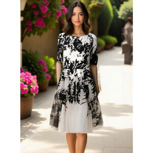 Marc Bouwer Women's Dress Sz Med White Black Floral Pleated A-Line Classy Fairy